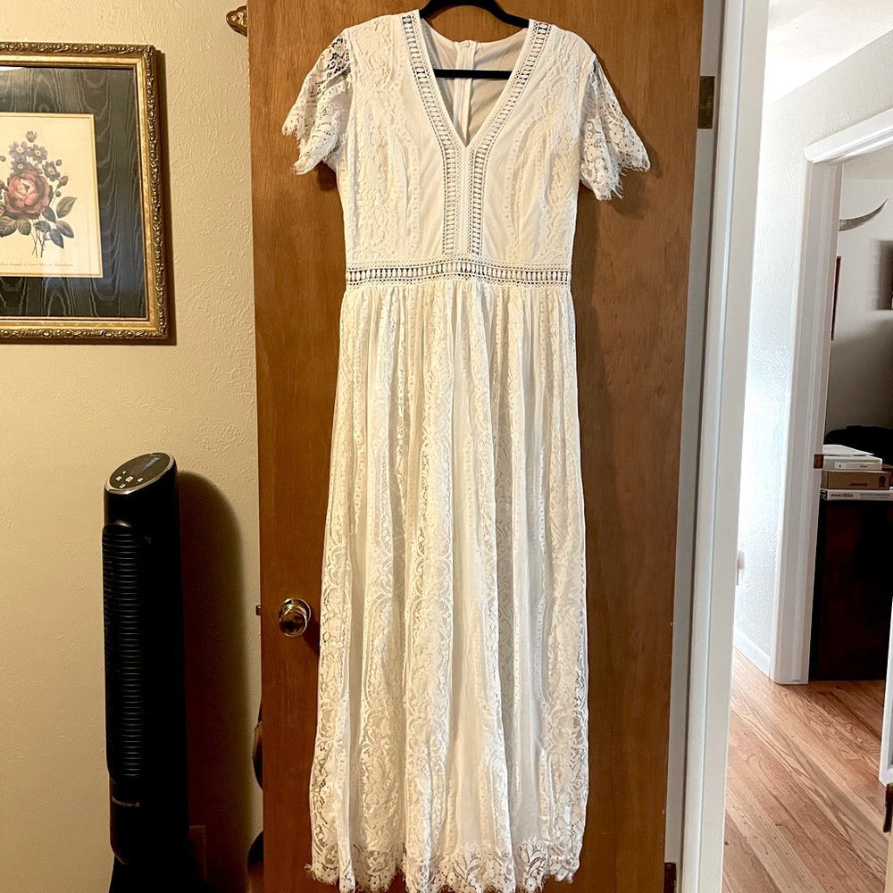 White lace maxi dress.